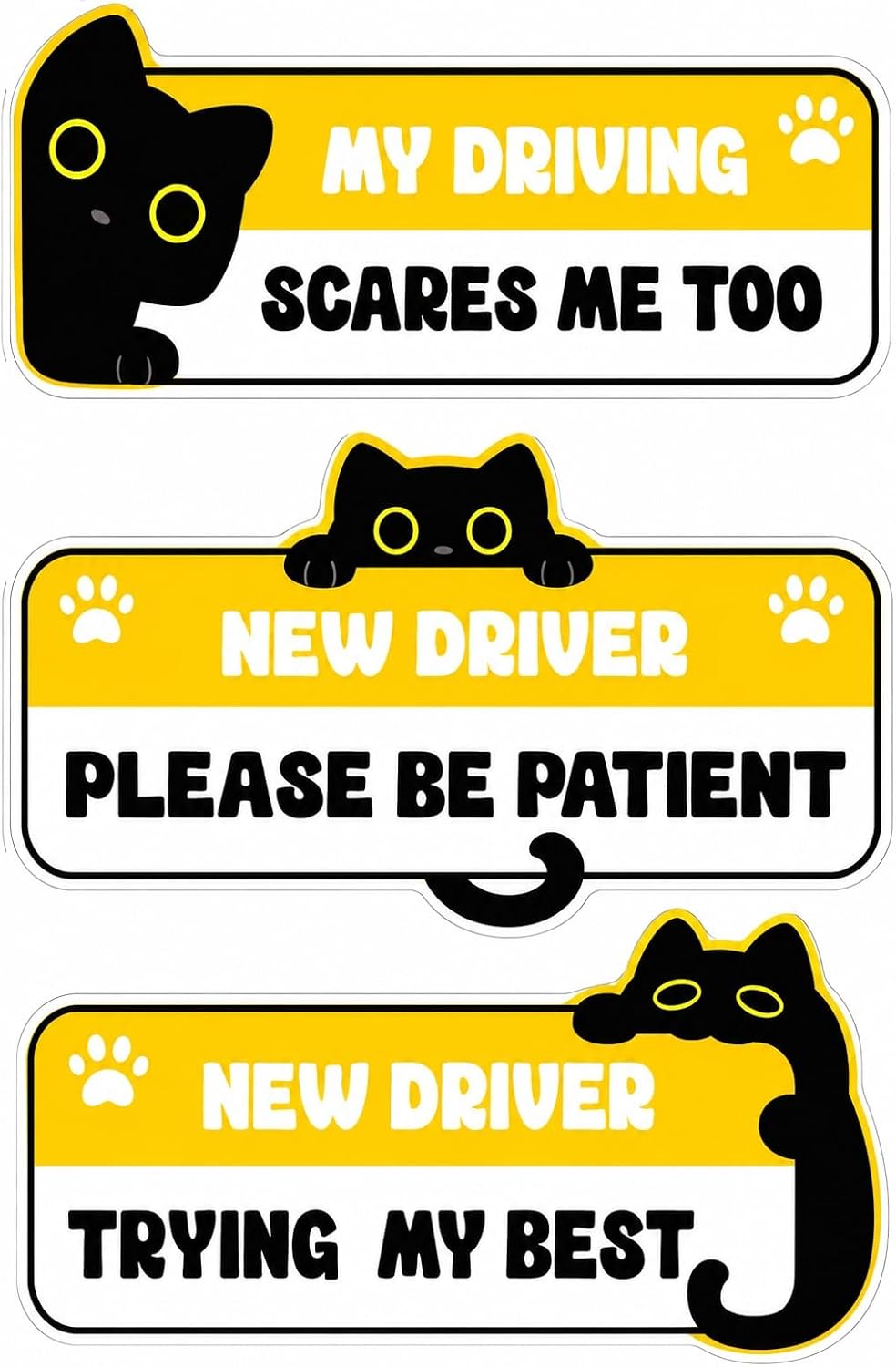 3-Pack Cute Kitty New Student Driver Please Be Patient Trying My Best Scared Safety Warning Vinyl Bumper Sticker 10" in Width