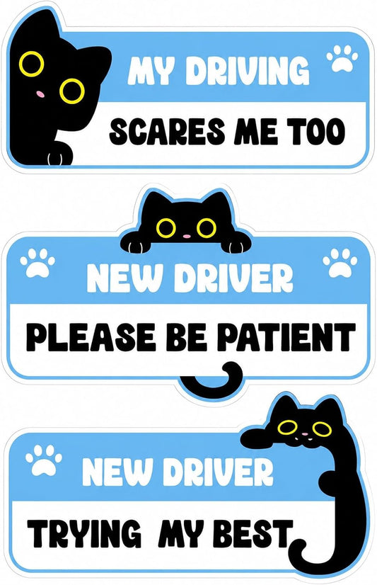 3-Pack Cute Kitty New Student Driver Please Be Patient Trying My Best Scared Safety Warning Vinyl Bumper Sticker 10" in Width