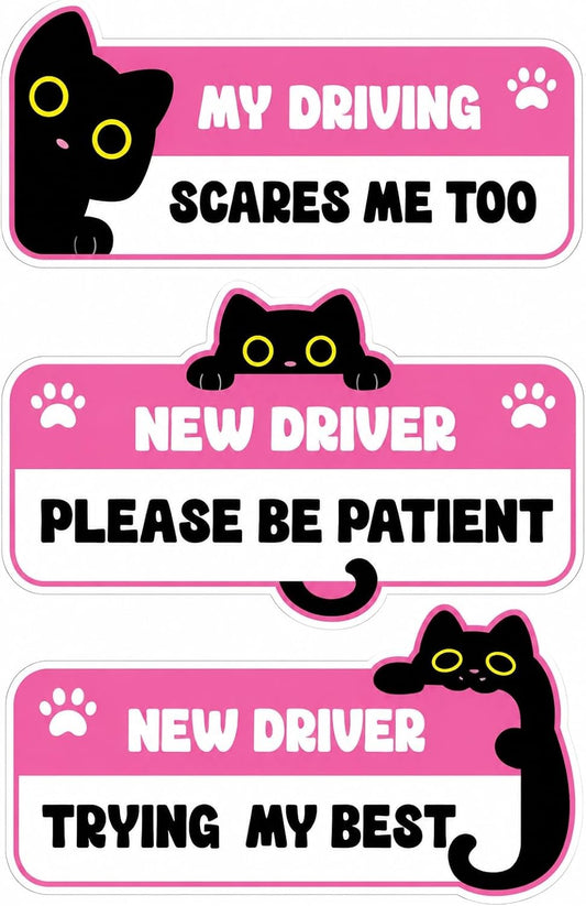 3-Pack Cute Kitty New Student Driver Please Be Patient Trying My Best Scared Safety Warning Vinyl Bumper Sticker 10" in Width