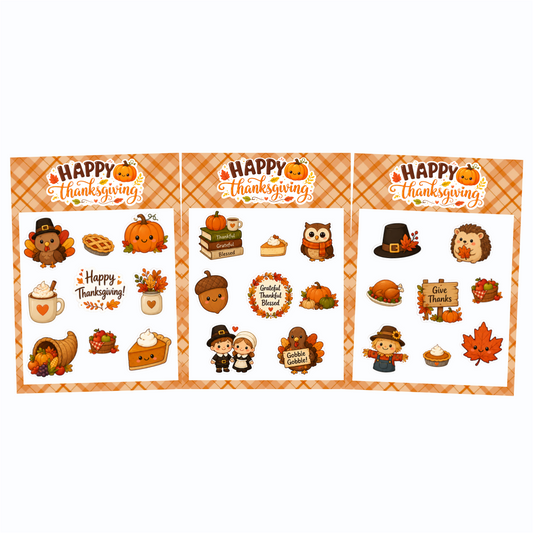 3-Pack Thanksgiving Season Cute Turkey Pumpkin Pilgrim Maple Leaf Waterproof Vinyl Decal for Laptop Car Cooler Phone Window Sticker Sheets