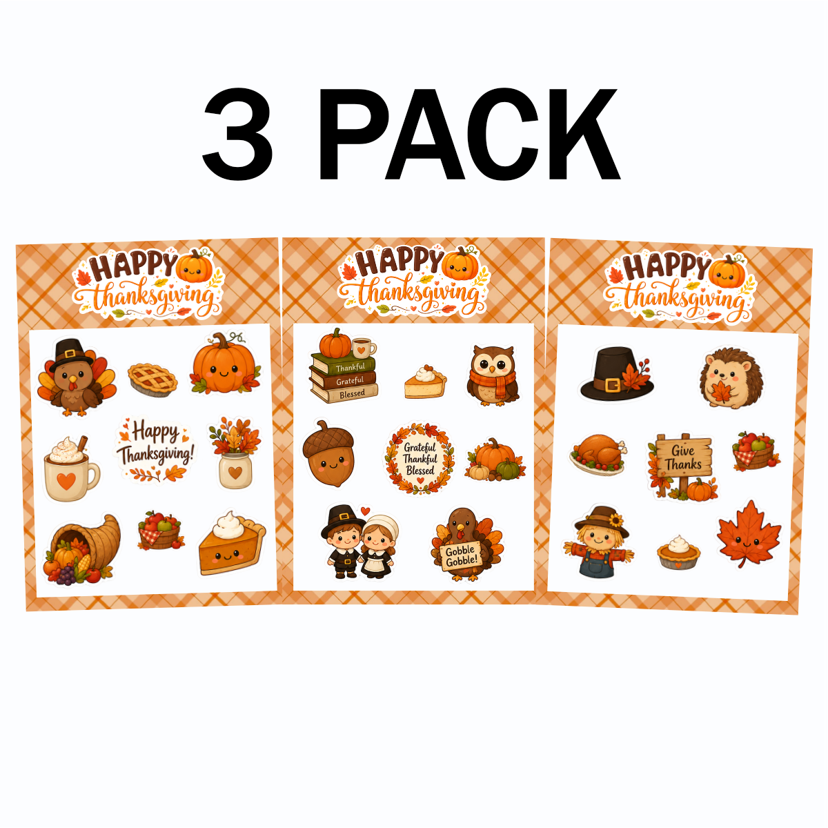 3-Pack Thanksgiving Season Cute Turkey Pumpkin Pilgrim Maple Leaf Waterproof Vinyl Decal for Laptop Car Cooler Phone Window Sticker Sheets