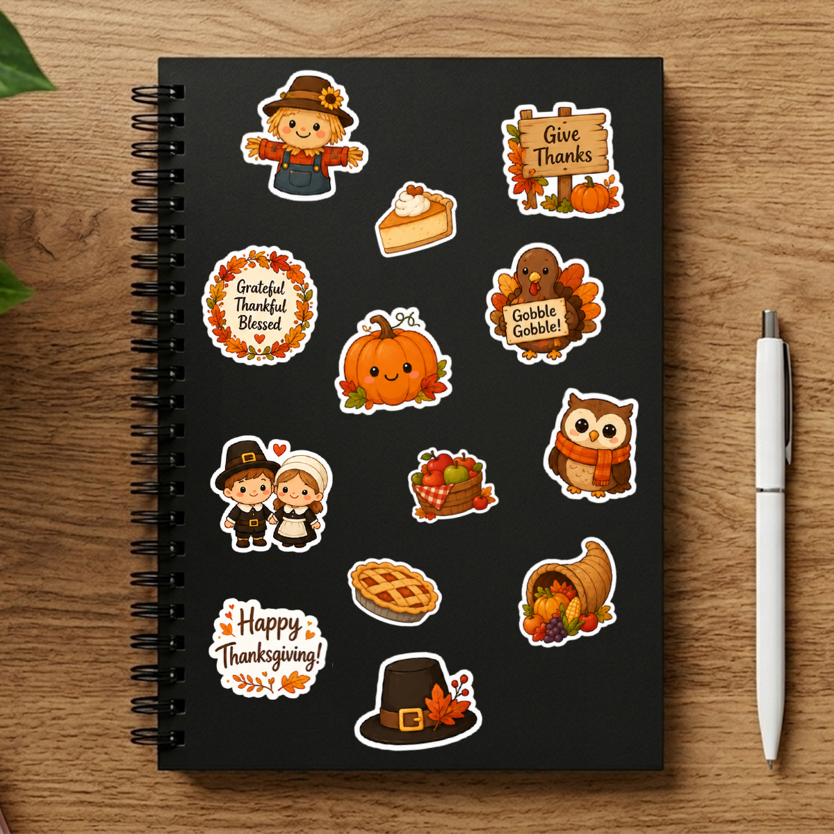 3-Pack Thanksgiving Season Cute Turkey Pumpkin Pilgrim Maple Leaf Waterproof Vinyl Decal for Laptop Car Cooler Phone Window Sticker Sheets